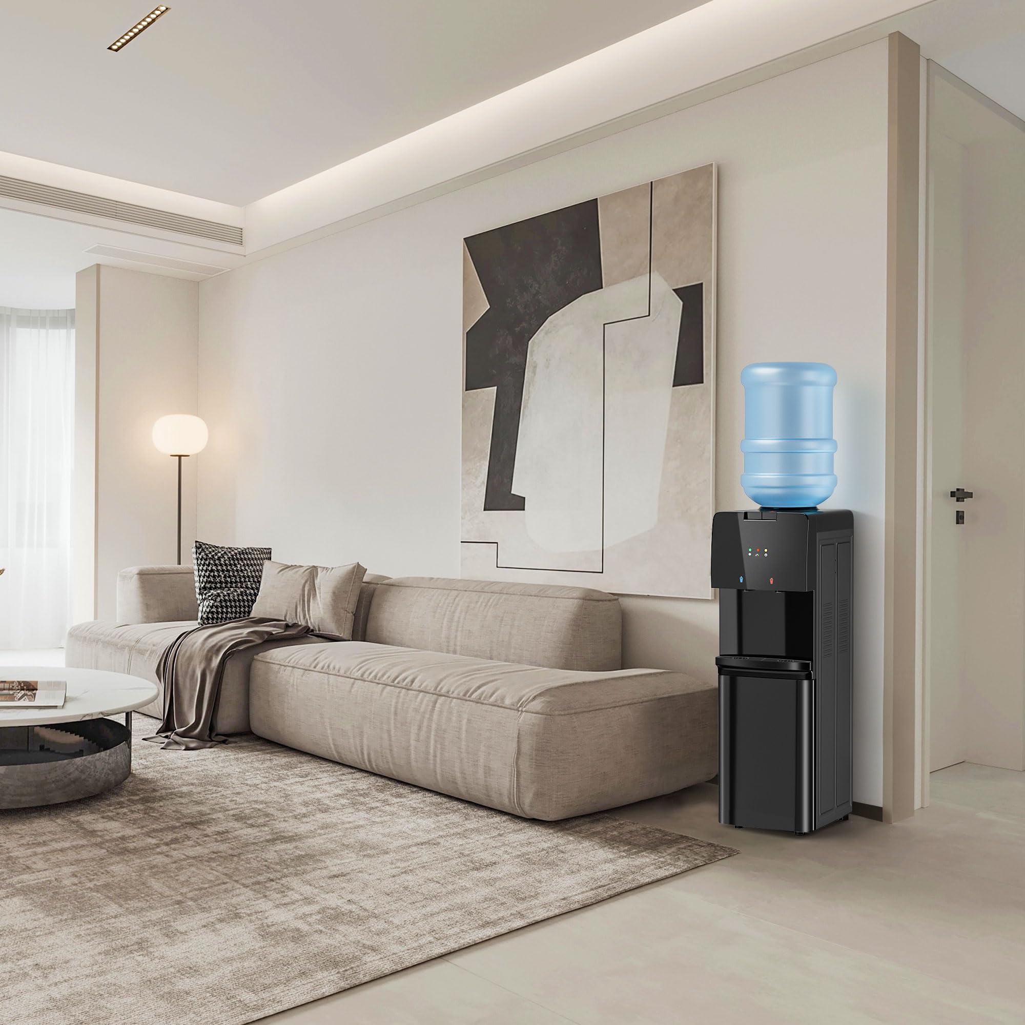 Top Loading Hot and Cold Water Dispenser with 3 Temperature Settings - 3/5 Gallon Bottle Water Cooler with Removable Drip Tray & Child Safety Lock - Perfect for Home, Office, Kitchen, and Living Room Hydration Needs