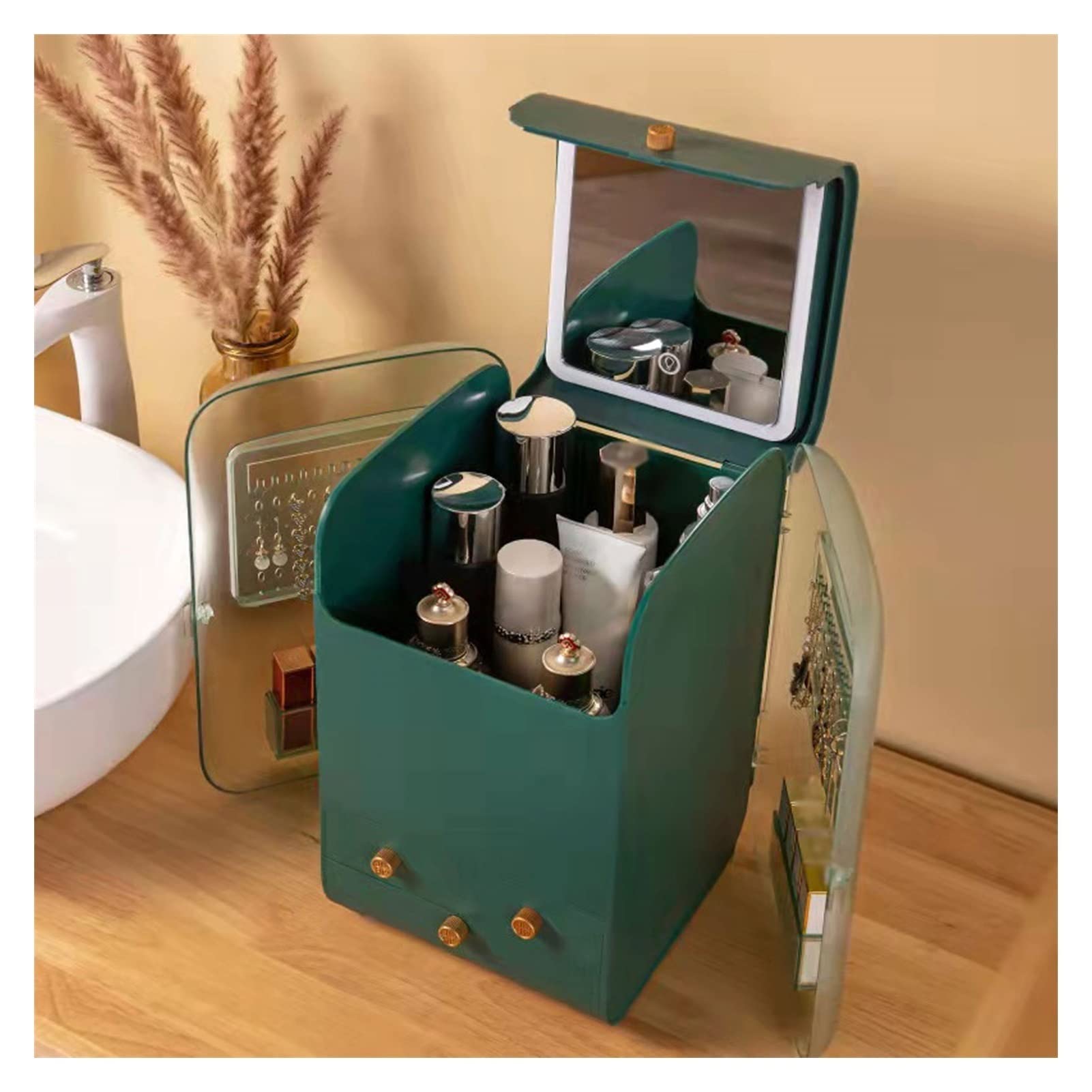LED Makeup Organizer with 3-Level Dimming Mirror - 3-Tier Cosmetic & Jewelry Storage Box for Lipstick, Necklace, Accessories - Perfect for Bedroom Dresser, Vanity Table & Bathroom Counter (Green)