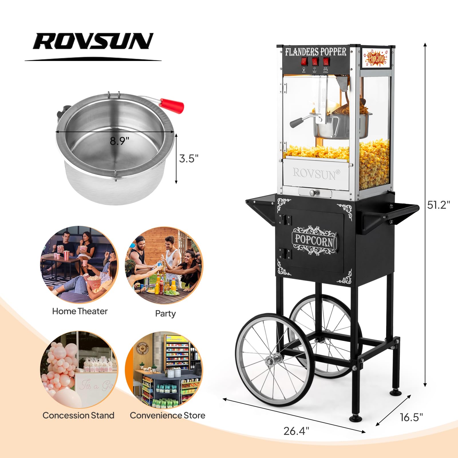 ROVSUN Commercial Popcorn Machine with Cart - 8 Oz Kettle Makes 32 Cups, Includes Wheels, Stainless Steel Scoop, Oil Spoon & 3 Popcorn Cups - Perfect for Home Theater, Movie Nights, Parties & Events (Black)