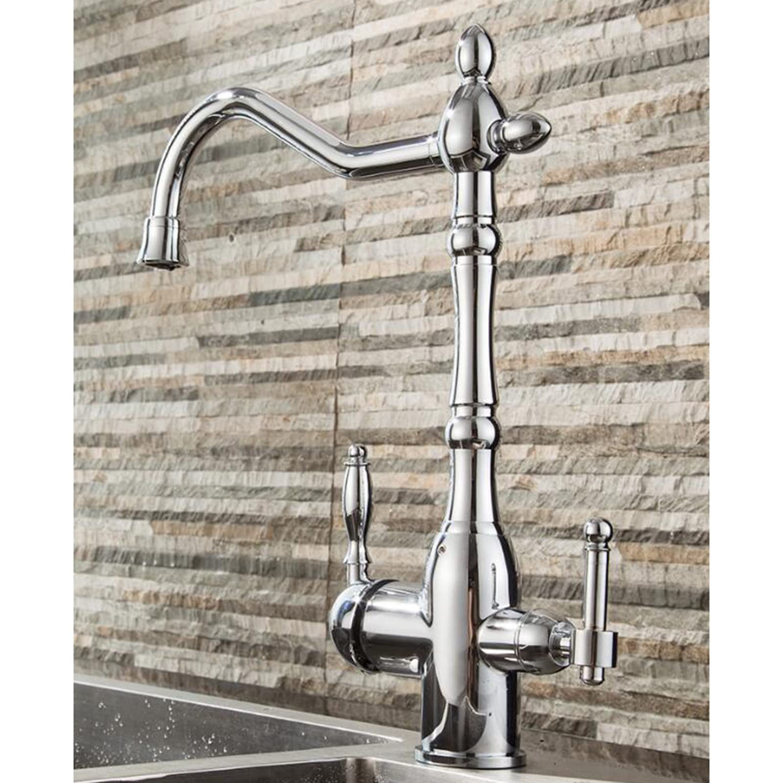 3-Way Brass Kitchen Faucet with Hot & Cold Water - Chrome Finish Swivel Sink Faucet for Modern Home, Restaurant & Commercial Use