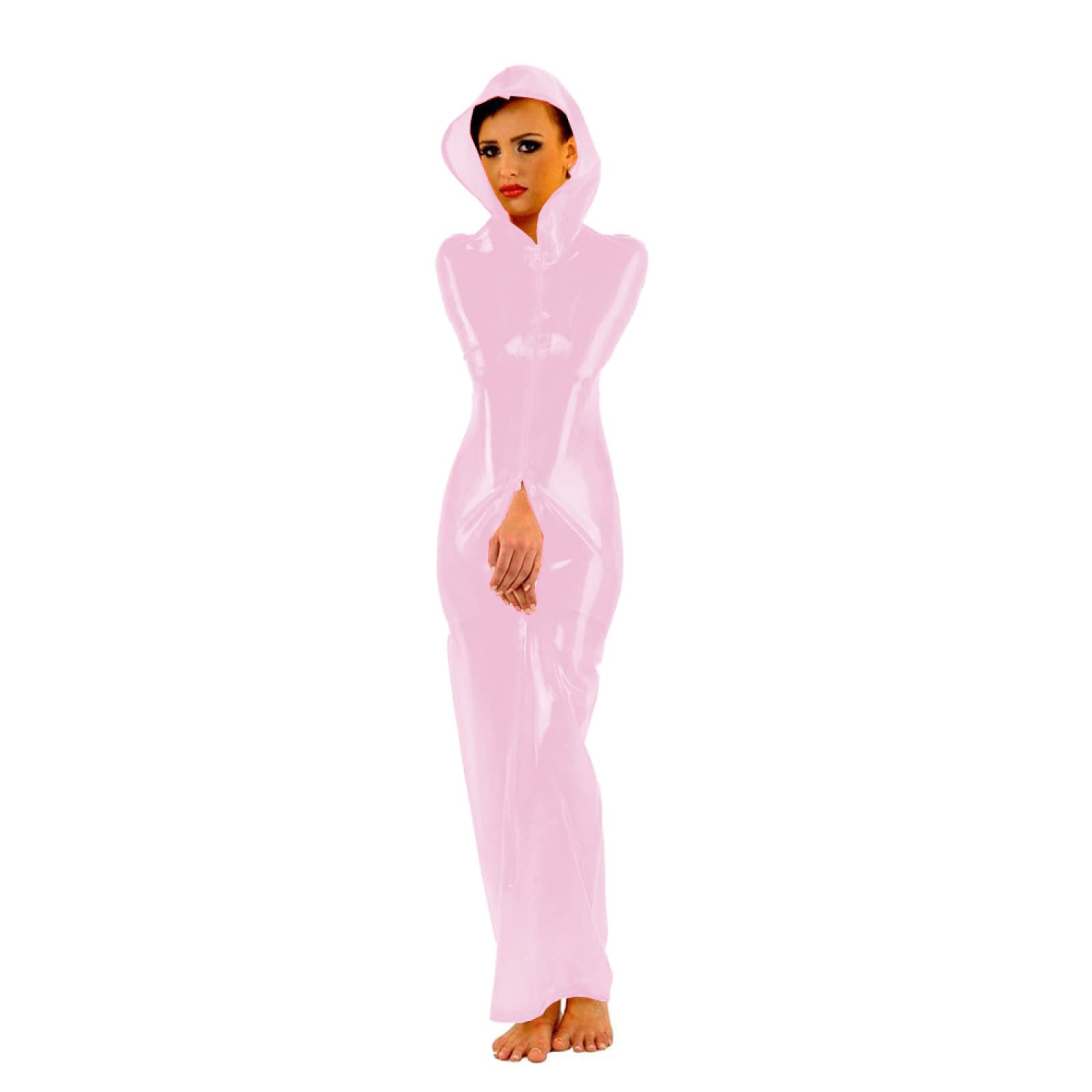 **PVC Faux Leather Wrap Dress with Front 3-Way Zipper - Bondage Sack Wet Look Faux Latex Bag Dress Bodysuit - Light Pink, XL - Perfect for Fetish, Cosplay & Nightclub Outfits**