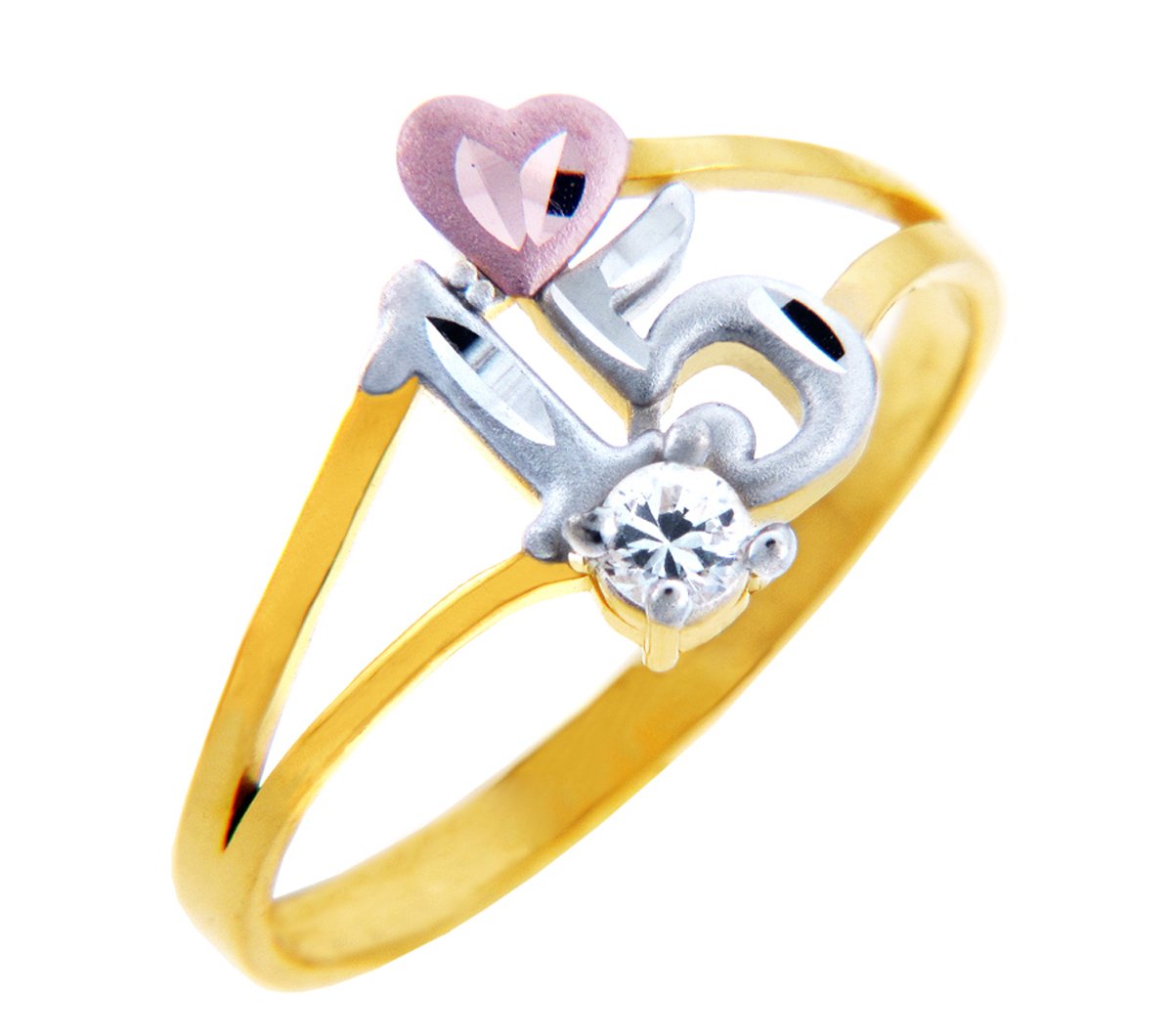 14K Tri-Tone Gold Quinceañera Ring with Rose Gold Heart & Solitaire CZ Stone - Elegant Sweet 15 Birthday Gift for Girls, Perfect for Quinceañera Celebrations & Special Occasions