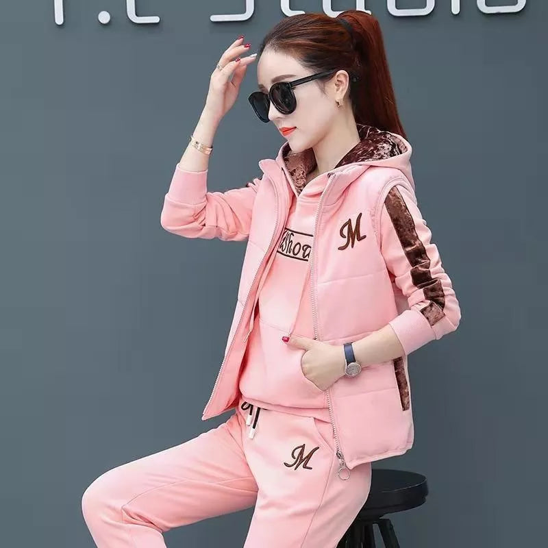 Women's Autumn Winter Casual Sweatpants Set - Plush Thickened Hoodie & Waistcoat 3-Piece Outfit | Cozy Lounge Wear for Home, Gym & Street Fashion