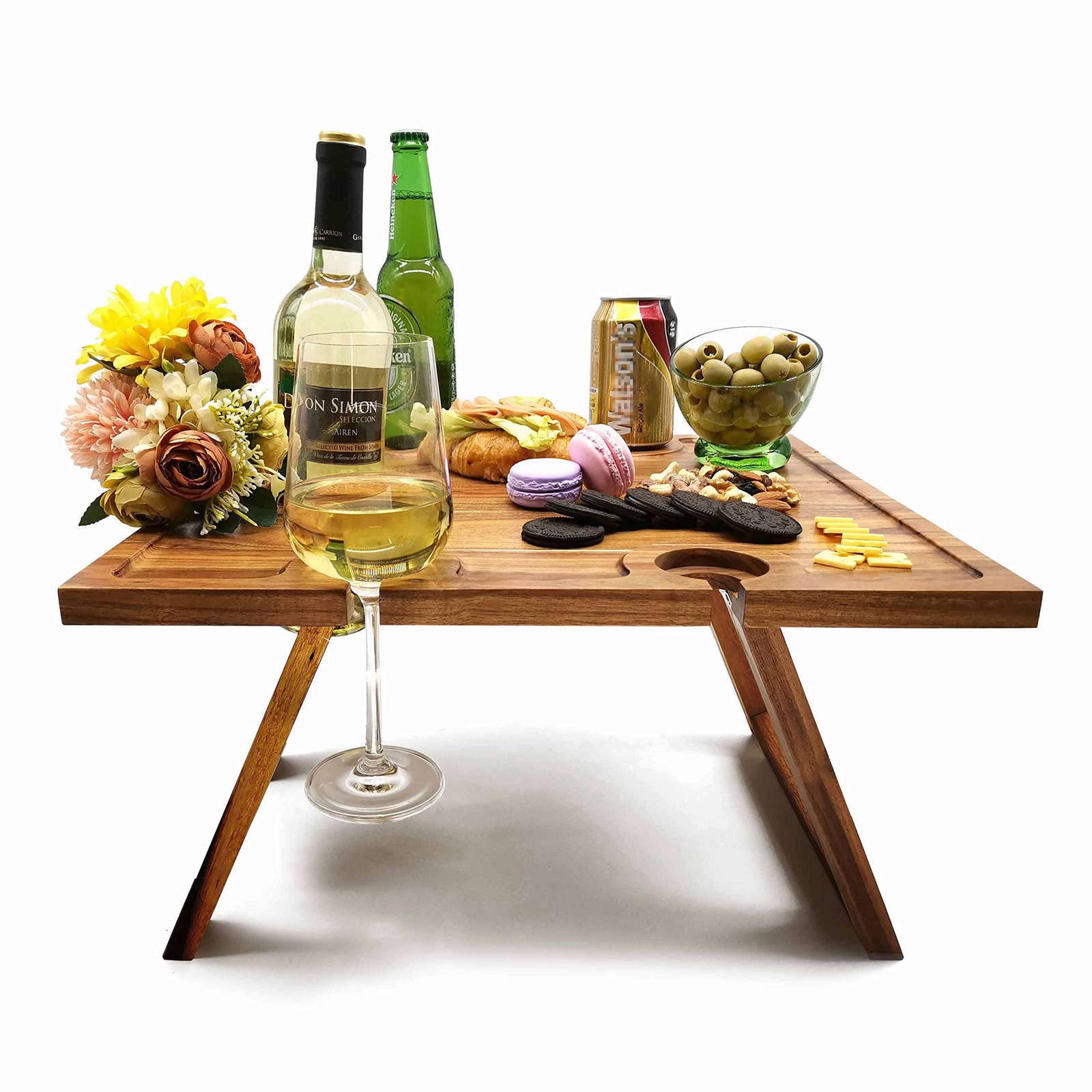 LIUDONG Folding Portable Wooden Outdoor Picnic Table with 4 Wine Glass Holders - Perfect for Red Wine, Park, Garden Party, Camping, Beach & Outdoor Dining - Durable & Lightweight for Easy Transport