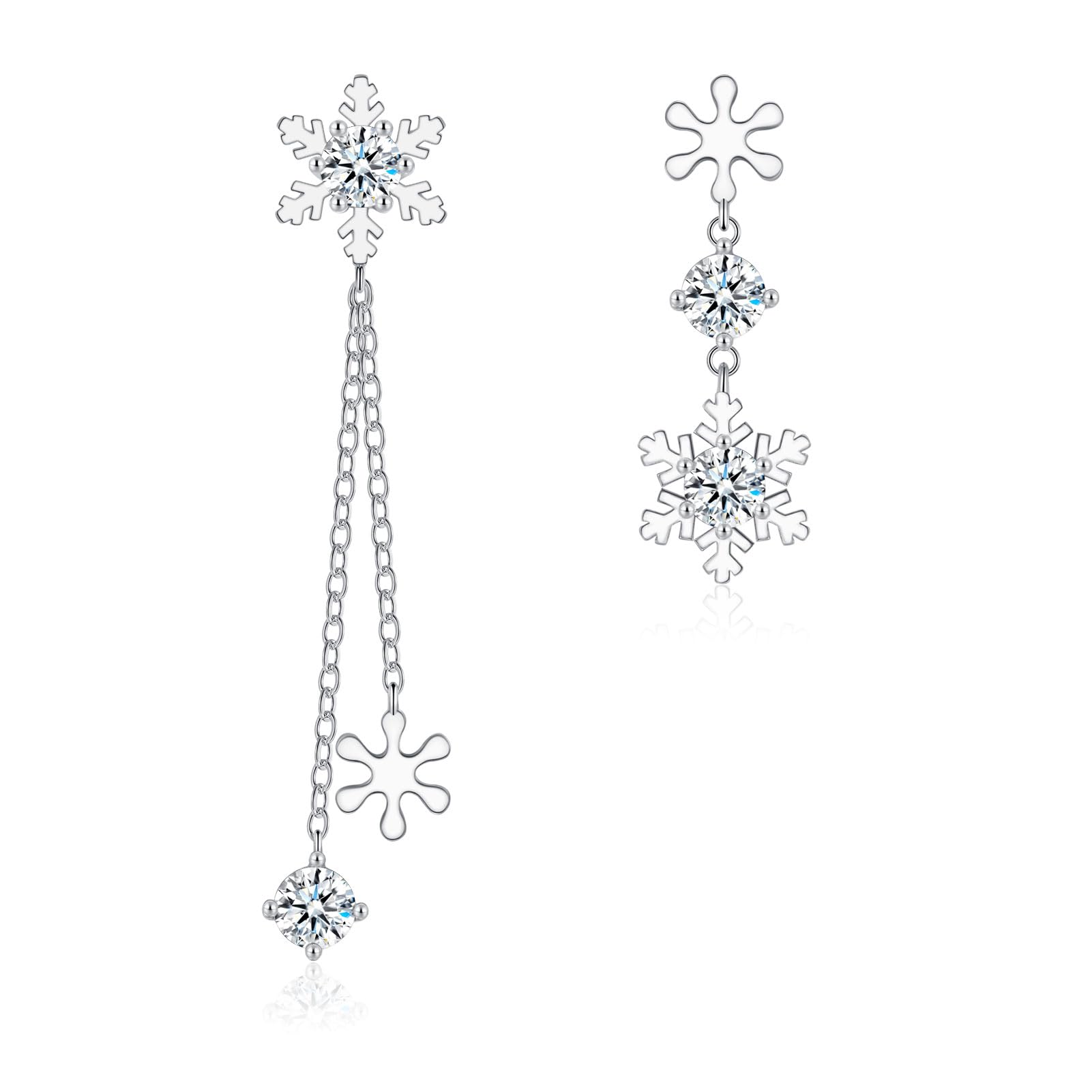 Bewenda 925 Sterling Silver Asymmetric Snowflake Dangle Earrings for Women - Hypoallergenic Zirconia Drop Earrings with Gift Box | Christmas Party, Holiday Gifts, Wedding & Evening Wear Accessories