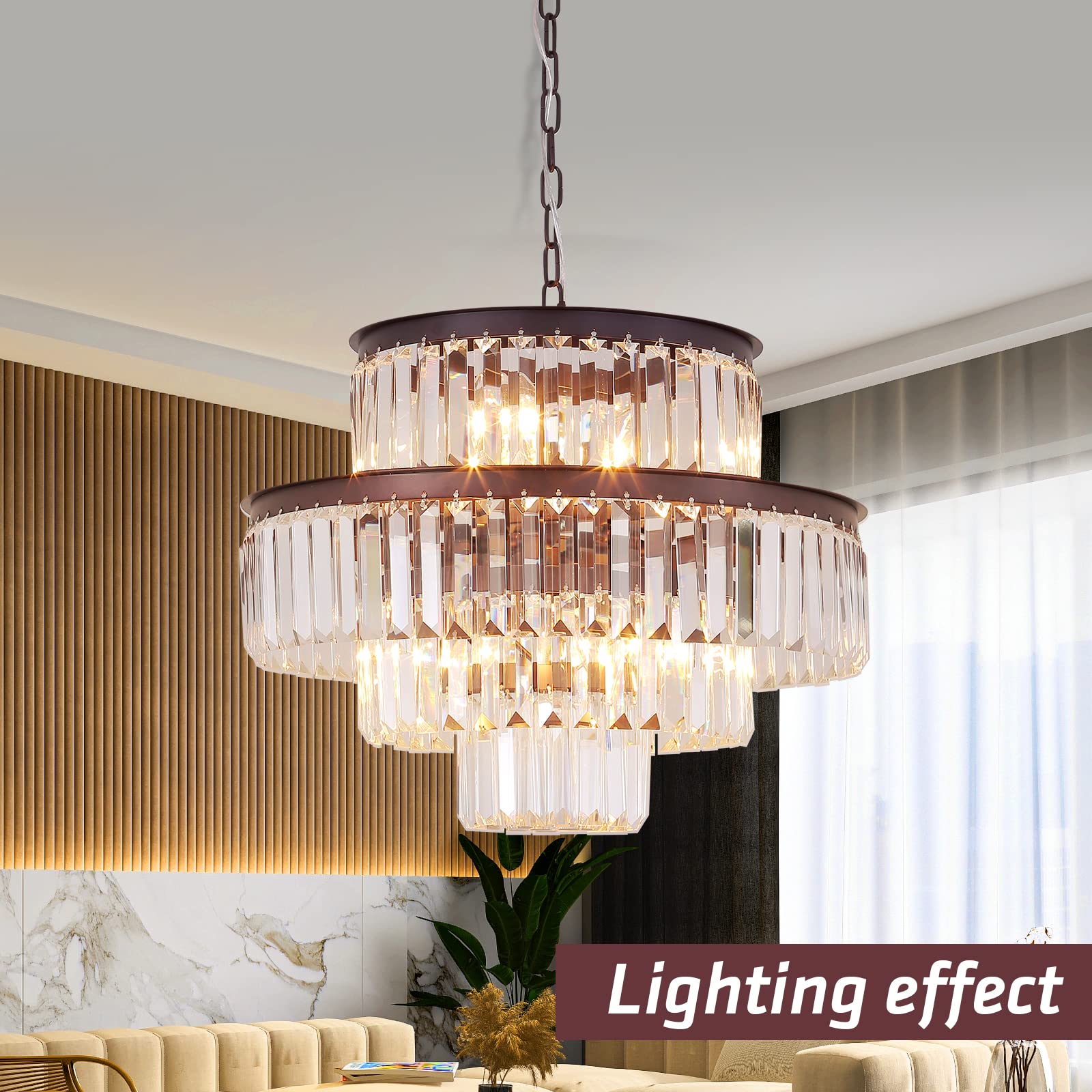 Modern Crystal Chandelier - 20 Inch Round 4-Tier Pendant Ceiling Light Fixture in Brown for Dining Room, Living Room | Elegant Home Lighting for Weddings, Restaurants & Luxury Interiors