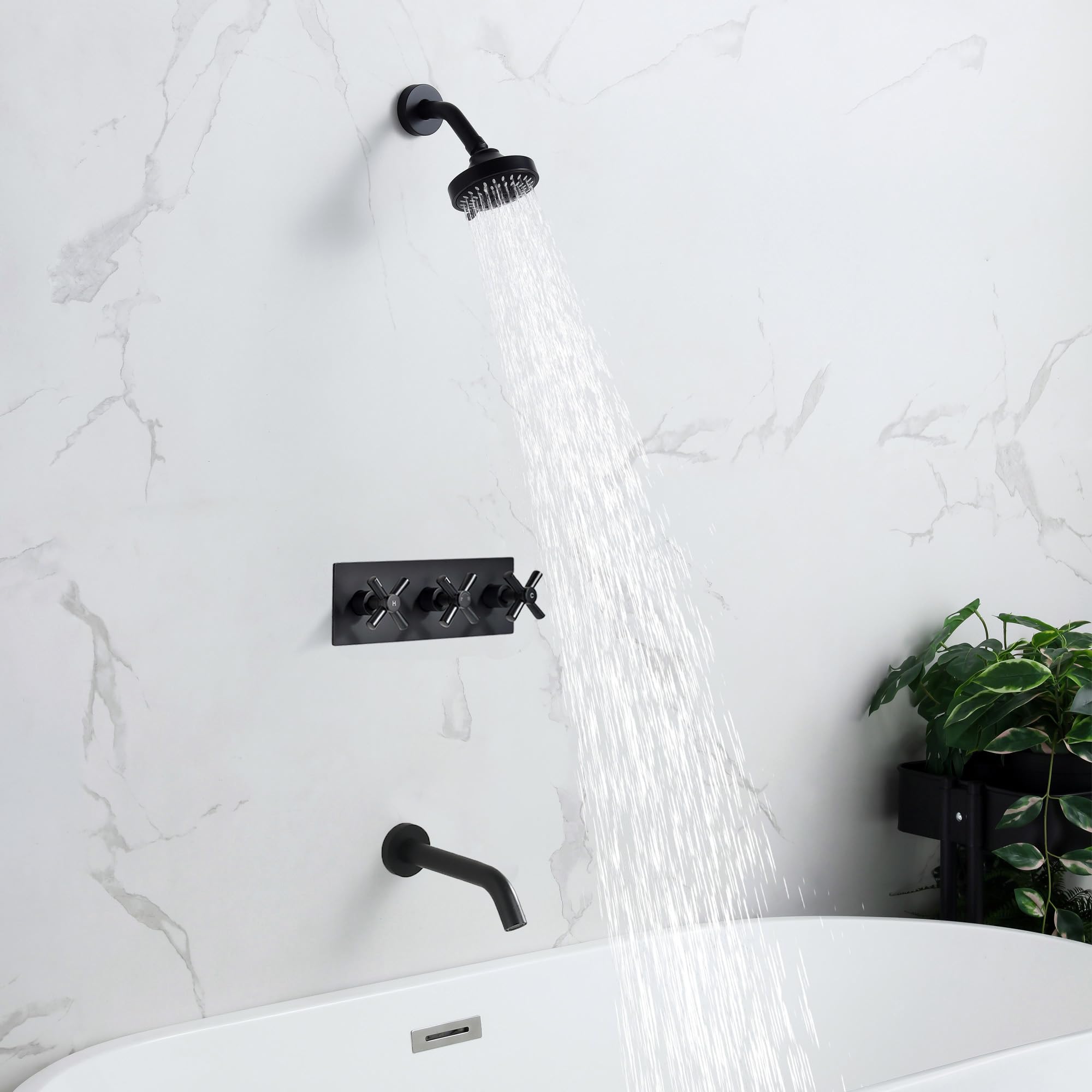 Matte Black 3-Handle Tub and Shower Faucet Set with Knobs - Complete Bathroom Fixture for Bathtub and Shower Installation | Perfect for Modern Home Renovation and Bathroom Upgrades