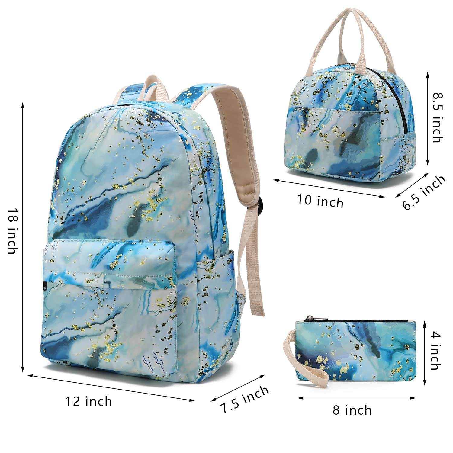Waterproof School Backpack Set with Lunch Box & Pencil Case - Durable 14 Inch Laptop Backpack for College Students, Daypack Bookbag - Perfect for School, Travel & Daily Commute (Marble Blue)