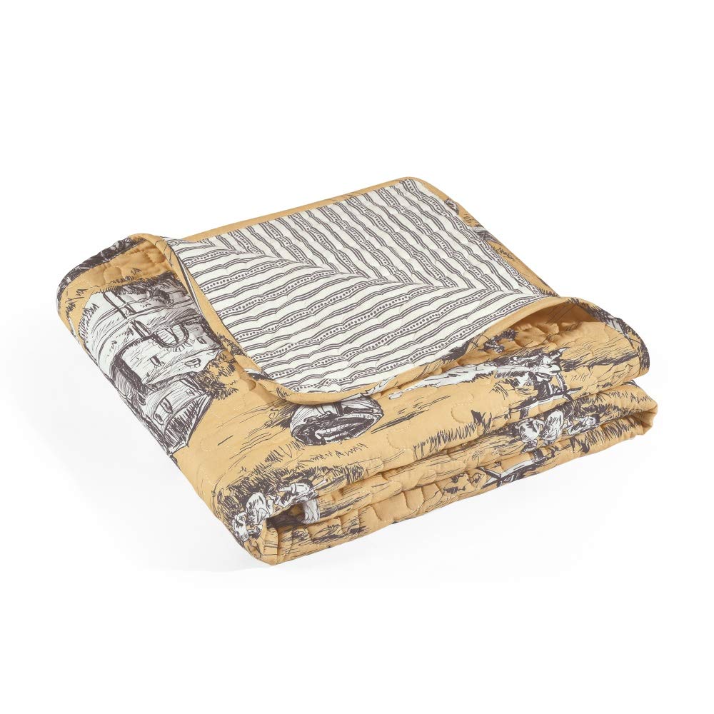 French Country Toile Cotton Reversible Throw Blanket - Yellow & Gray 60x50