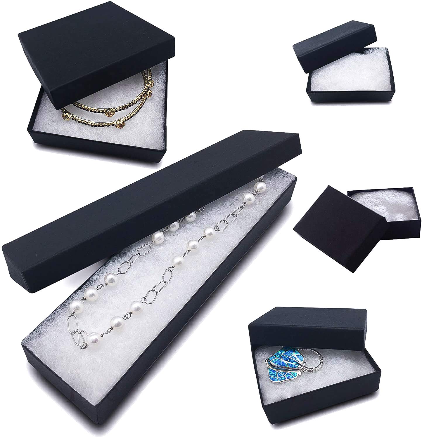 TheDisplayGuys - 25-Pack #99 Cotton Filled Cardboard Jewelry Gift Boxes Set - Matte Black (5 Sizes Assortment) - Perfect for Jewelry Storage, Wedding Favors, Ring Presentation & Retail Packaging