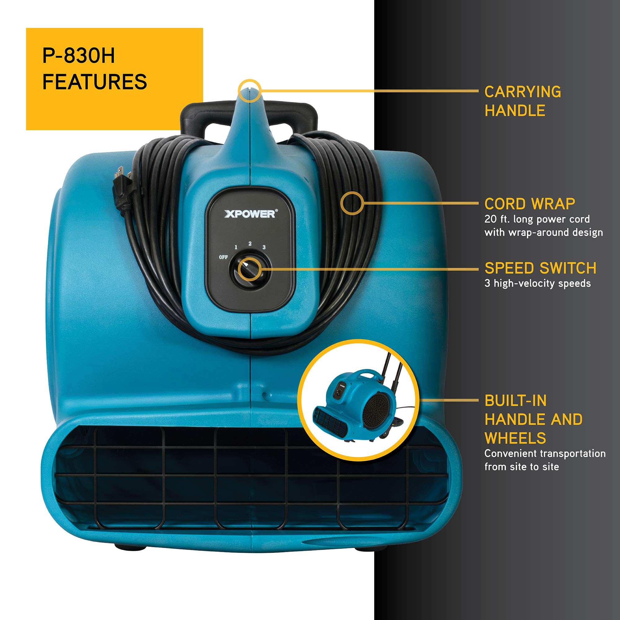 XPOWER P-830H Pro 1 HP 3600 CFM Heavy Duty Centrifugal Air Mover - Carpet Dryer, Floor Fan & Blower with Telescopic Handle & Wheels - Ideal for Water Damage Restoration, Janitorial Cleaning, Plumbing Work & Home Use - Perfect for Basements, Garages & Flooded Areas