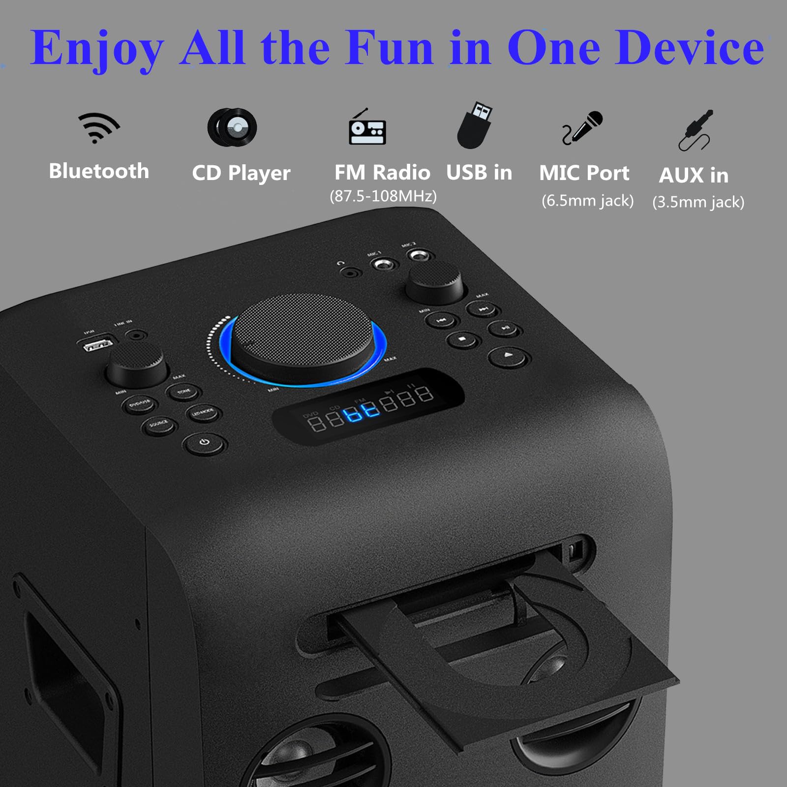 100W Home Stereo System with CD Player, FM Radio, Bluetooth 5.0, AUX/USB Inputs, Karaoke Function, LED Lights & Remote Control - Perfect for Home Theater, Parties, and Music Lovers