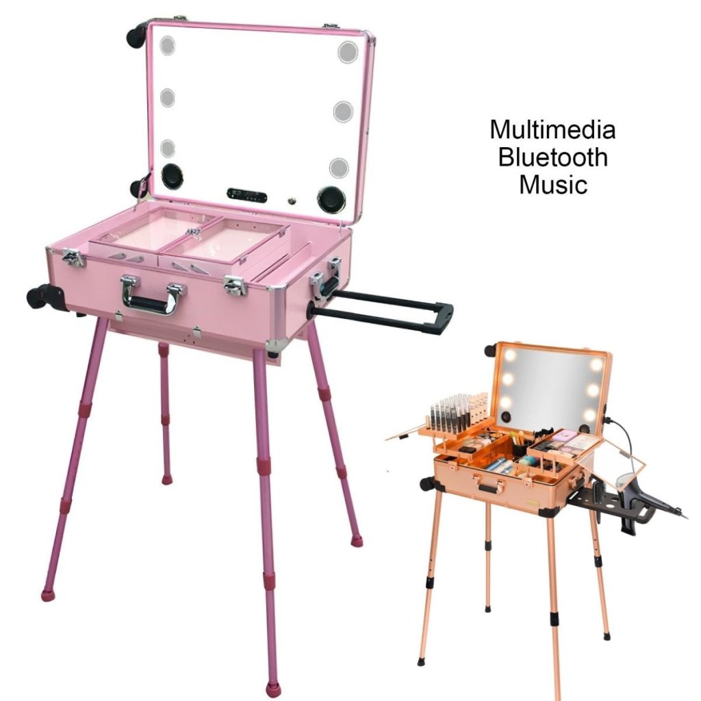 24 Inch Professional Makeup Rolling Case with LED Light & Bluetooth Speaker - Portable Cosmetic Organizer for Travel, Salon & Home Use