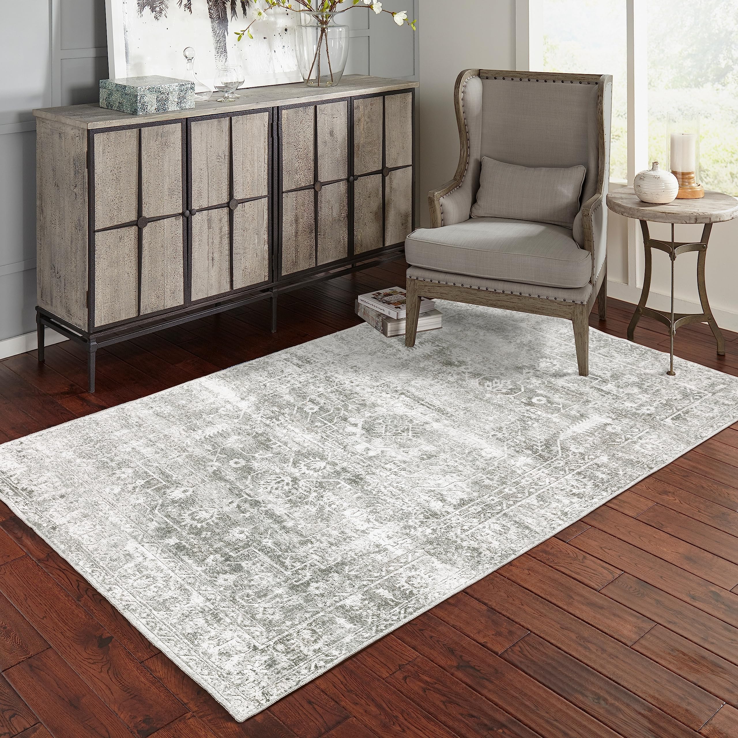 Style Haven Marissa Washable Distressed Oriental Sage Green/Grey Area Rug 7'6