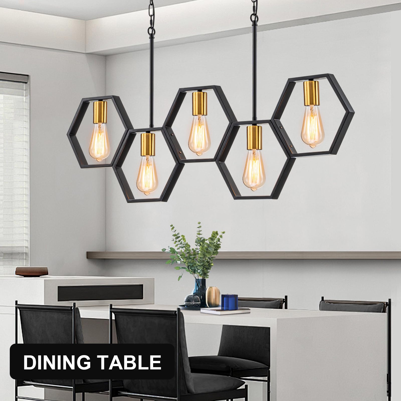 Farmhouse 5-Light Kitchen Island Chandelier - Adjustable Height Industrial Rectangular Pendant Light for Dining Room & Pool Table (Black/Gold) - Perfect for Farmhouse Decor, Kitchen Islands, and Game Room Lighting