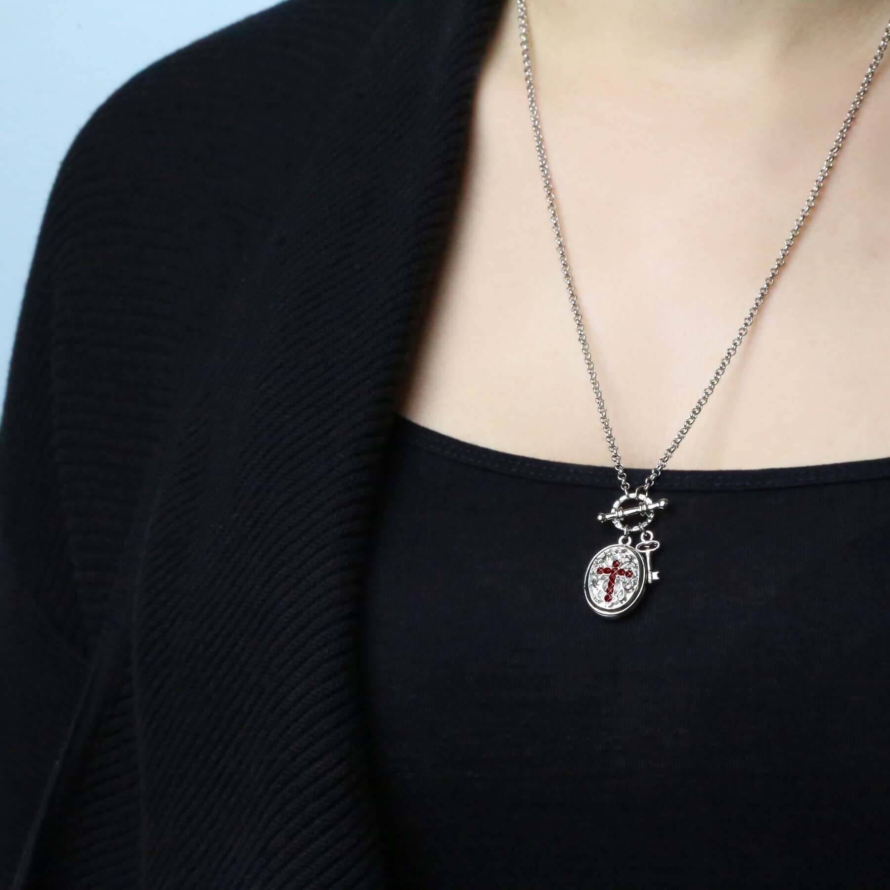 1928 Birthstone Cross Locket Necklace - Personalized Sterling Silver Pendant with 24