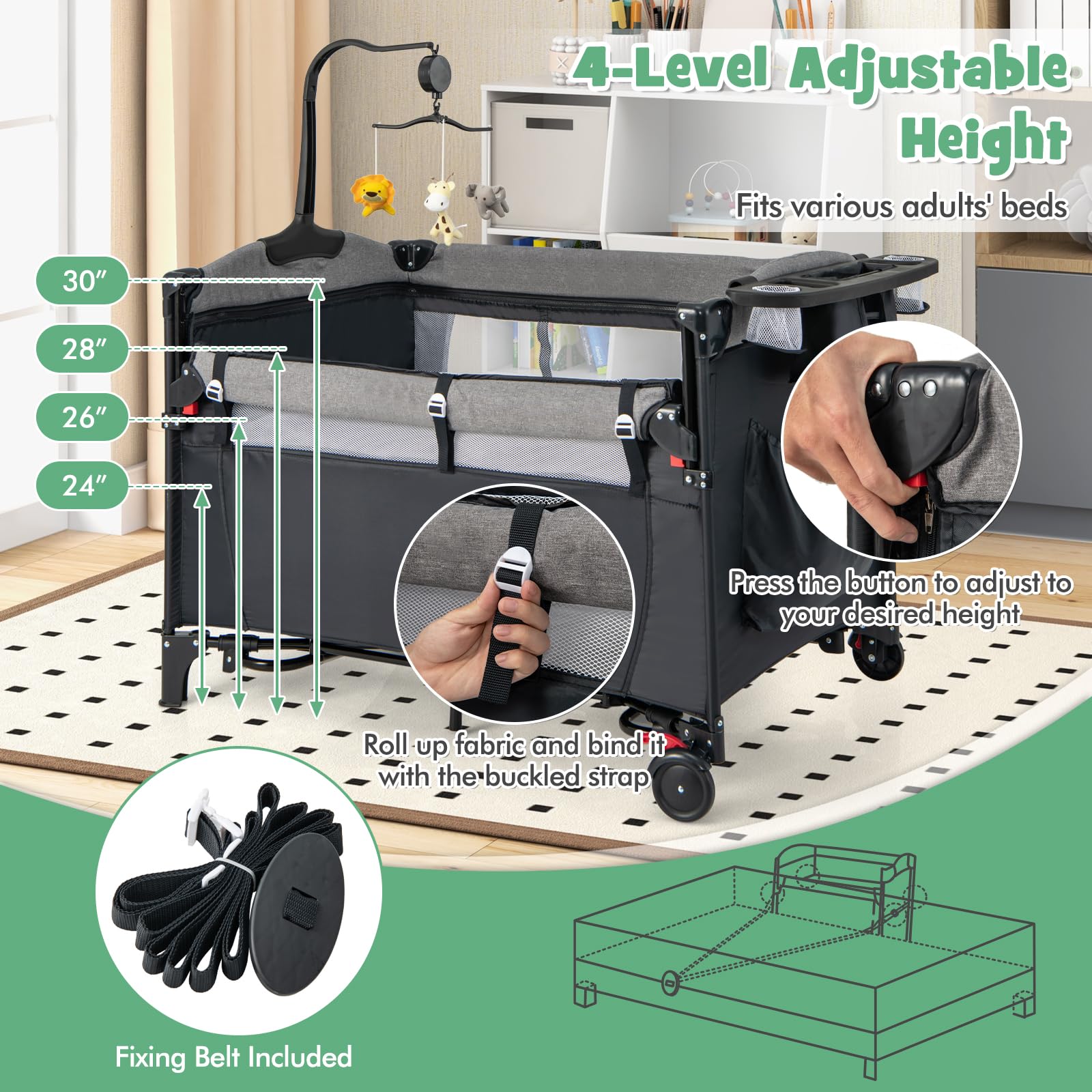 HONEY JOY 6-in-1 Baby Bedside Sleeper & Play Yard with Bassinet, Diaper Changing Table, Zippered Door, 4 Adjustable Heights, Music Box & Storage Bag - Portable for Travel & Home Use (Black) - Perfect for Nursery, Bedroom & On-the-Go Parents
