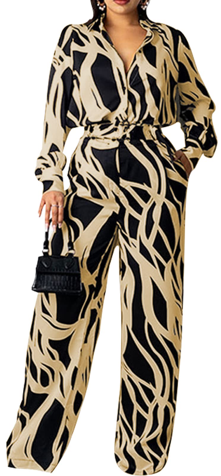 Elegant V-Neck Long Sleeve Jumpsuit for Women - Business & Clubwear Romper with Straight Leg Pants | Office Party, Night Out, Cocktail Events