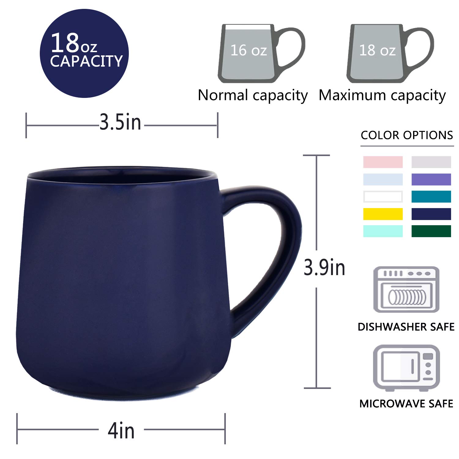 Bosmarlin 18 oz Glossy Ceramic Coffee Mugs Set of 2 - Royal Blue - Dishwasher & Microwave Safe - Perfect for Home, Office & Gifts