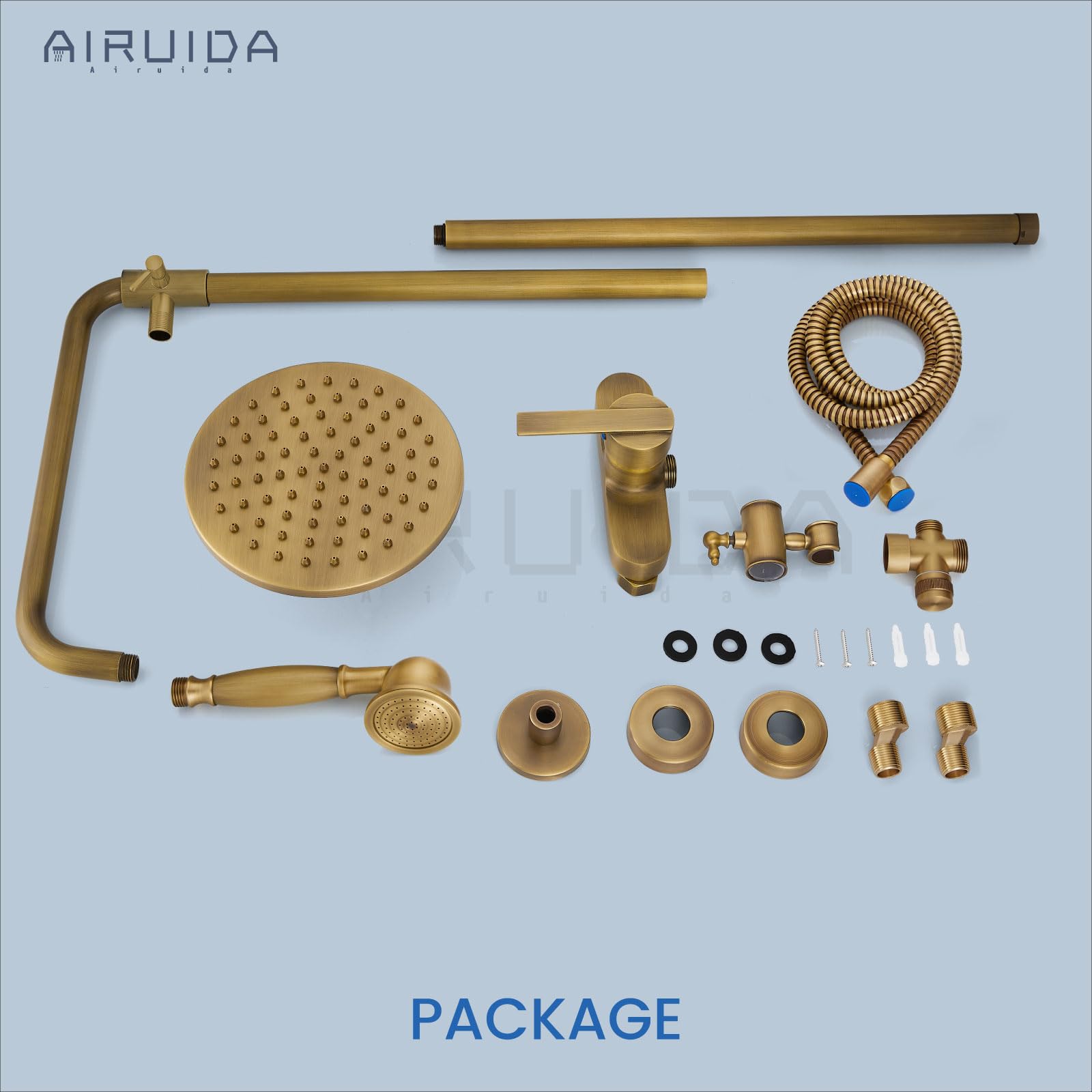 Antique Brass Exposed Pipe Shower System - 8 Inch Rainfall Shower Head with Single Handle Faucet | Adjustable Modern Dual Function Combo Set for Bathroom Remodeling & Spa-Like Shower Experience