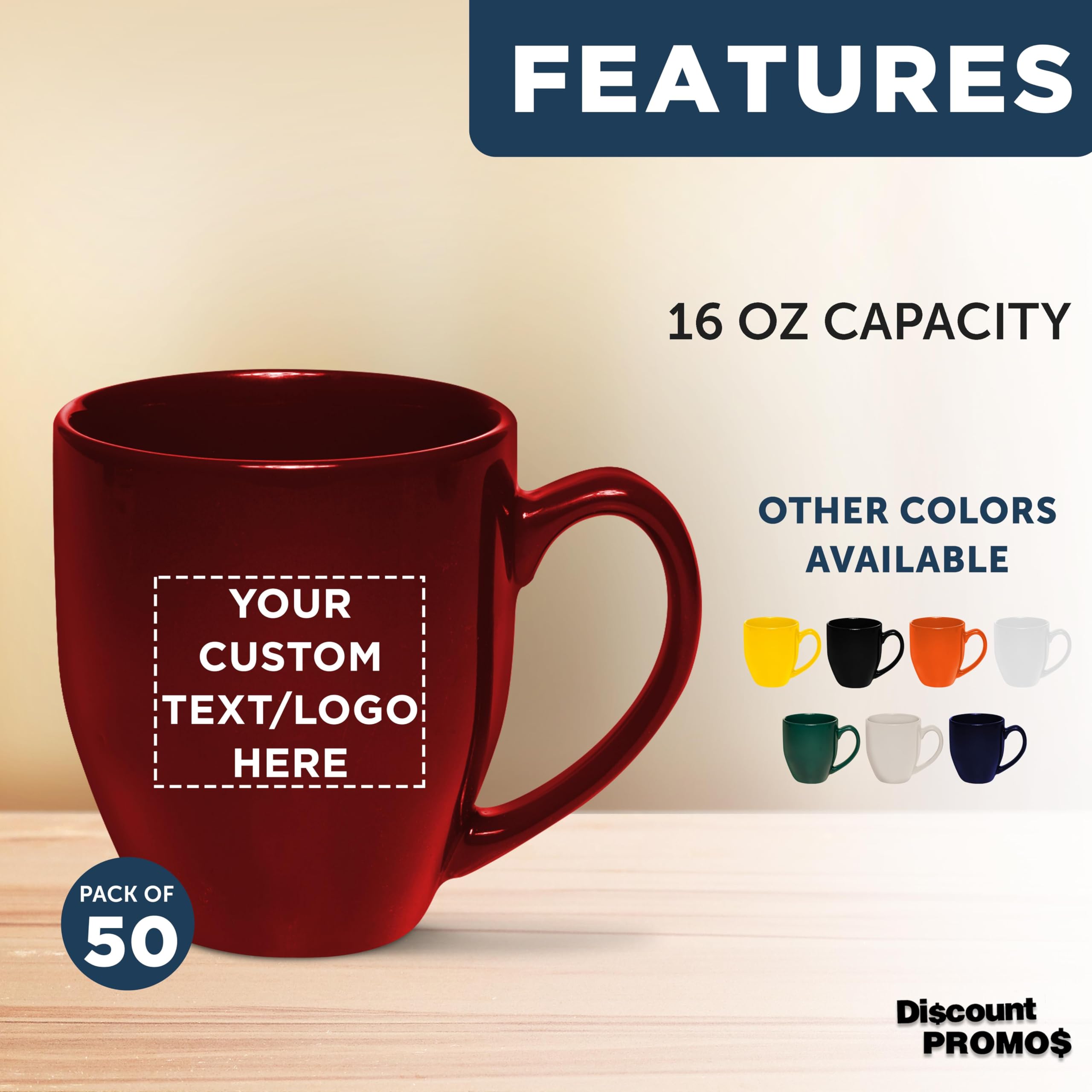 Custom 16 oz Large Coffee Cups Bulk Set of 50 - Personalized Maroon Travel Mugs for Tea, Espresso, Cappuccino & Hot Cocoa - Ideal for Offices, Cafes, Restaurants & Events