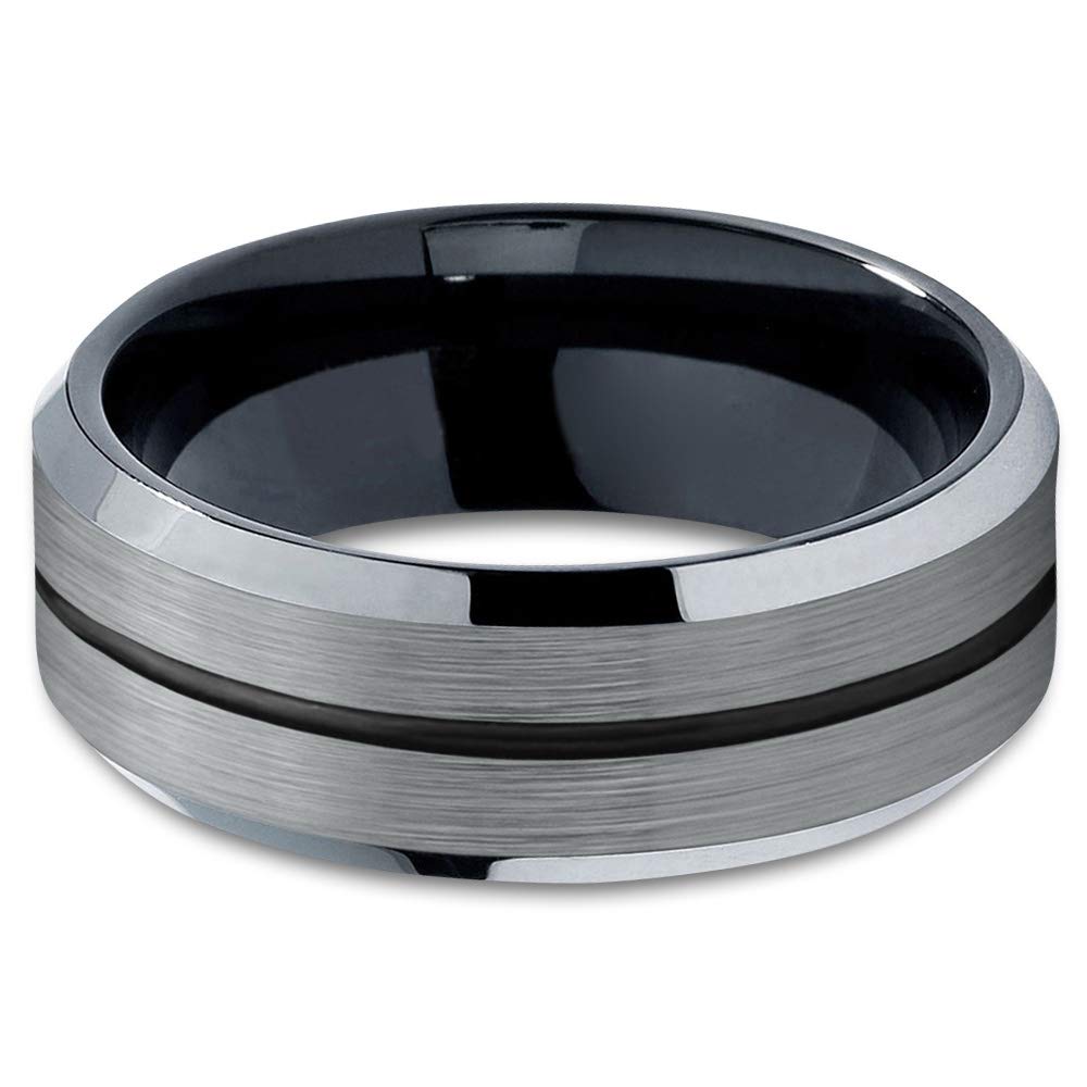 8mm Tungsten Carbide Wedding Band Ring for Men & Women - Blue Black Center Line, Beveled Edge, Brushed & Polished Finish - Custom Engraved Anniversary & Engagement Ring - Perfect for Weddings, Proposals & Special Occasions