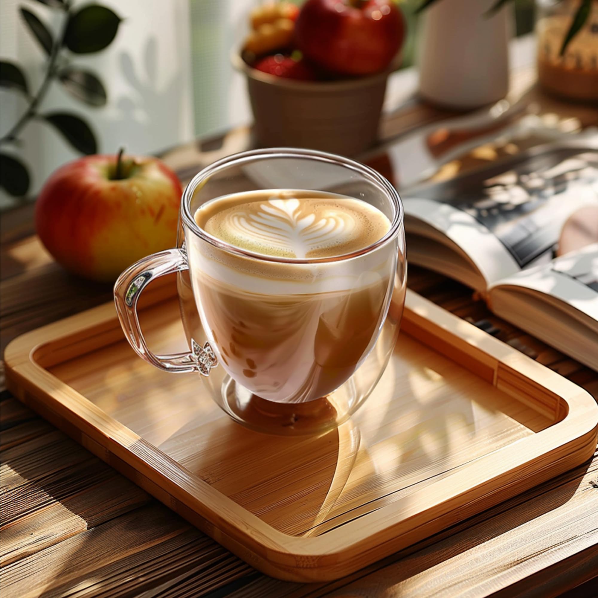 Set of 4 Double Walled Insulated Glass Coffee Mugs - 8oz Borosilicate Glass Cups with Handle for Hot & Cold Drinks - Perfect for Espresso, Cappuccino, Tea, Latte, Wine - Microwave & Dishwasher Safe - Ideal for Home, Office, or Gifts