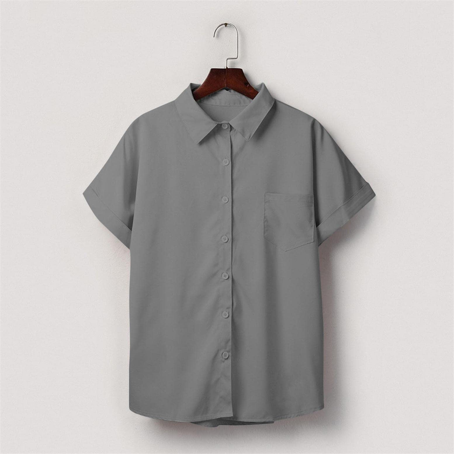 Women's Summer Button-Up Shirts - Casual Short Sleeve Blouse with Turndown Collar, Loose Fit Solid Color Tops | Perfect for Beach Outings, Office Wear & Weekend Casual Looks