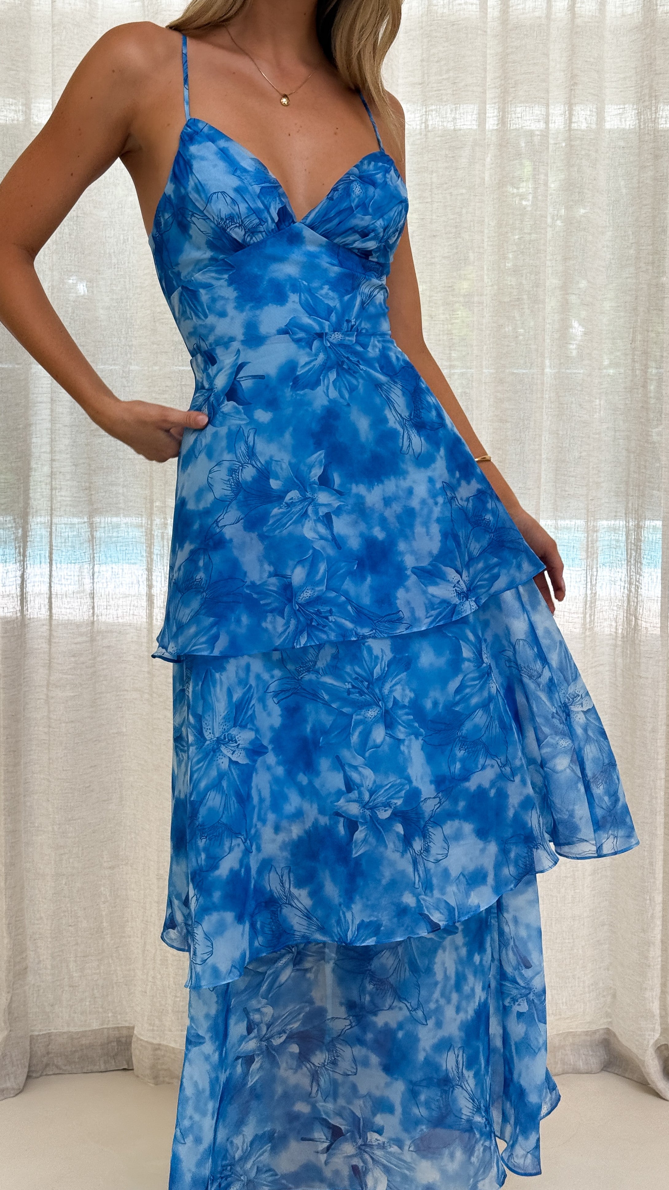 Kelli Maxi Dress - Blue Floral Print Long Summer Dress for Women, Beach Wedding & Vacation Outfit