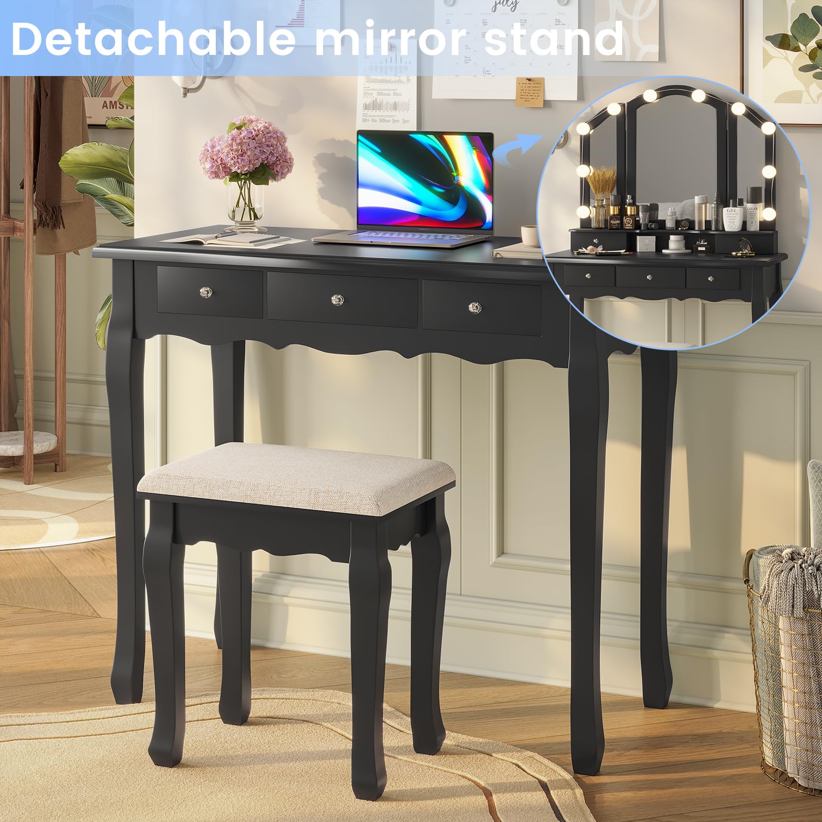 Tiptiper Vanity Desk with Lighted Tri-Fold Mirror & Stool - 5 Drawers Makeup Vanity Set, 3 Light Settings & Adjustable Brightness, Black - Perfect for Bedroom, Dressing Room & Beauty Salon Makeup Application