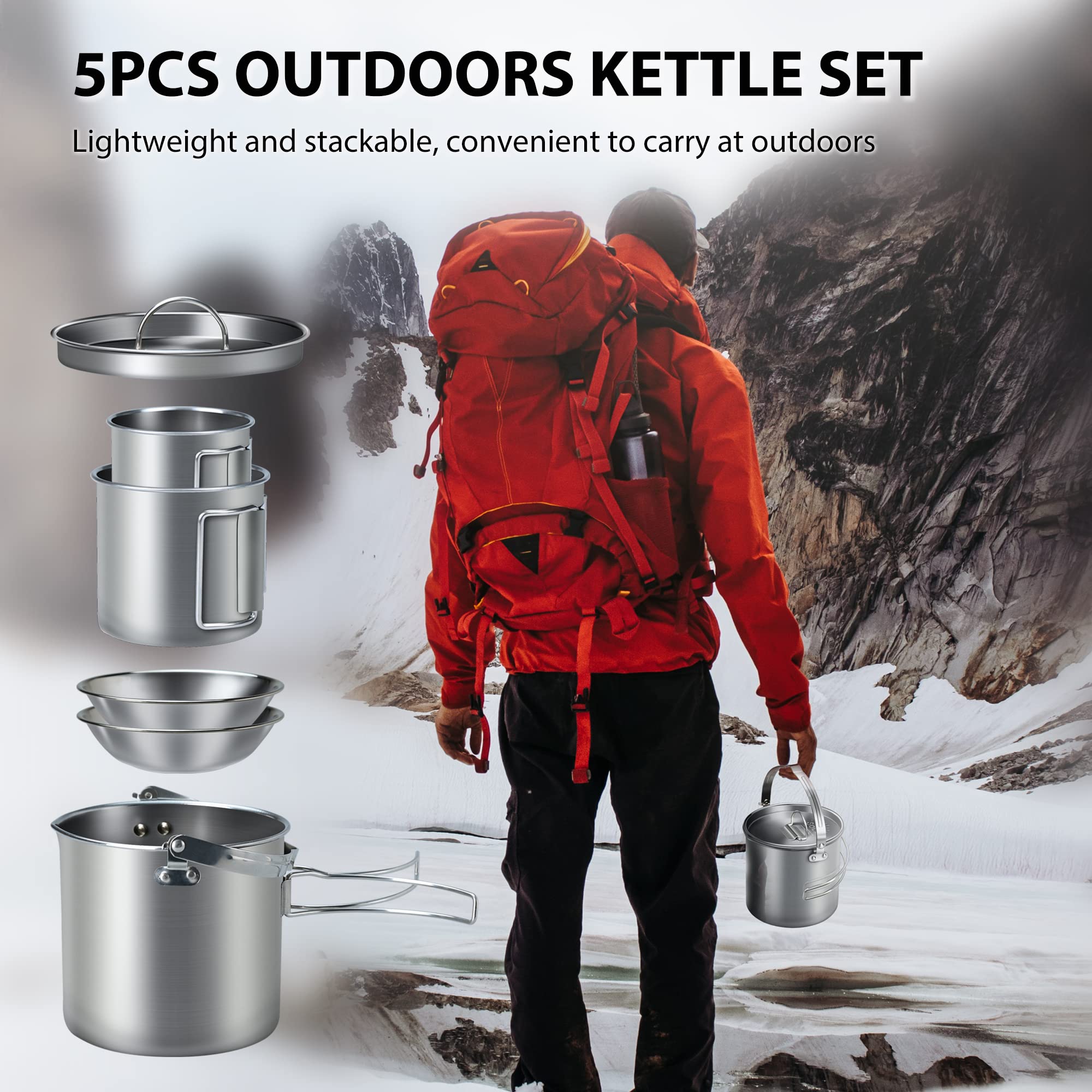 Lixada 5-Piece Stainless Steel Camping Cookware Set - Portable Kettle with 2 Cups, 2 Bowls & Foldable Handles - Perfect for Camping, Hiking, Picnics & Outdoor Adventures - Ideal for Boiling Water, Making Coffee, Tea & Cooking Meals in Nature
