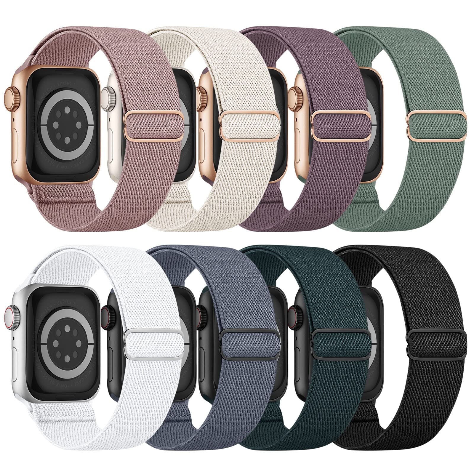 8 Pack Stretchy Nylon Apple Watch Bands - Compatible with 38mm 40mm 41mm 42mm 44mm 45mm 49mm iWatch Series 8/7/6/SE/5/4/3/Ultra - Adjustable Solo Loop Sport Strap for Women & Men - Perfect for Workouts, Running & Everyday Wear