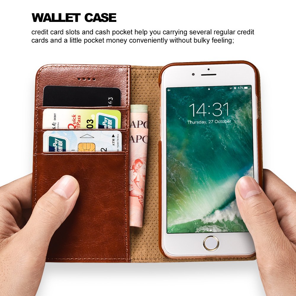 Premium Leather Wallet Case for iPhone SE (2020/2022) & iPhone 8/7 - Flip Card Slots, Kickstand & Magnetic Closure - ICARERCASE Brown - Perfect for Work, Travel & Everyday Use