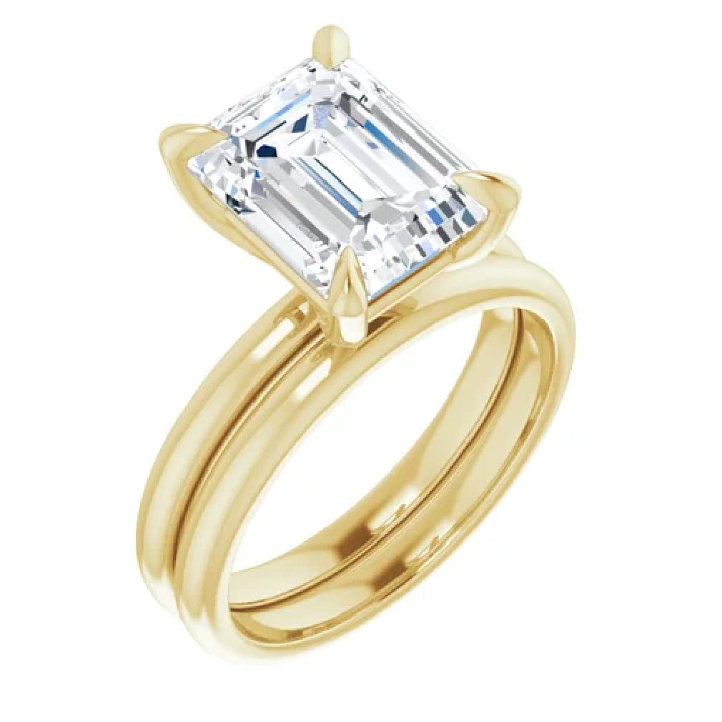 Handmade 10K 14K 18K Solid Yellow Gold Women's Engagement Ring Set with 4 Carat Emerald Cut Moissanite - Wedding, Bridal, Anniversary & Promise Gift for Her - Perfect for Proposals, Special Occasions & Romantic Surprises