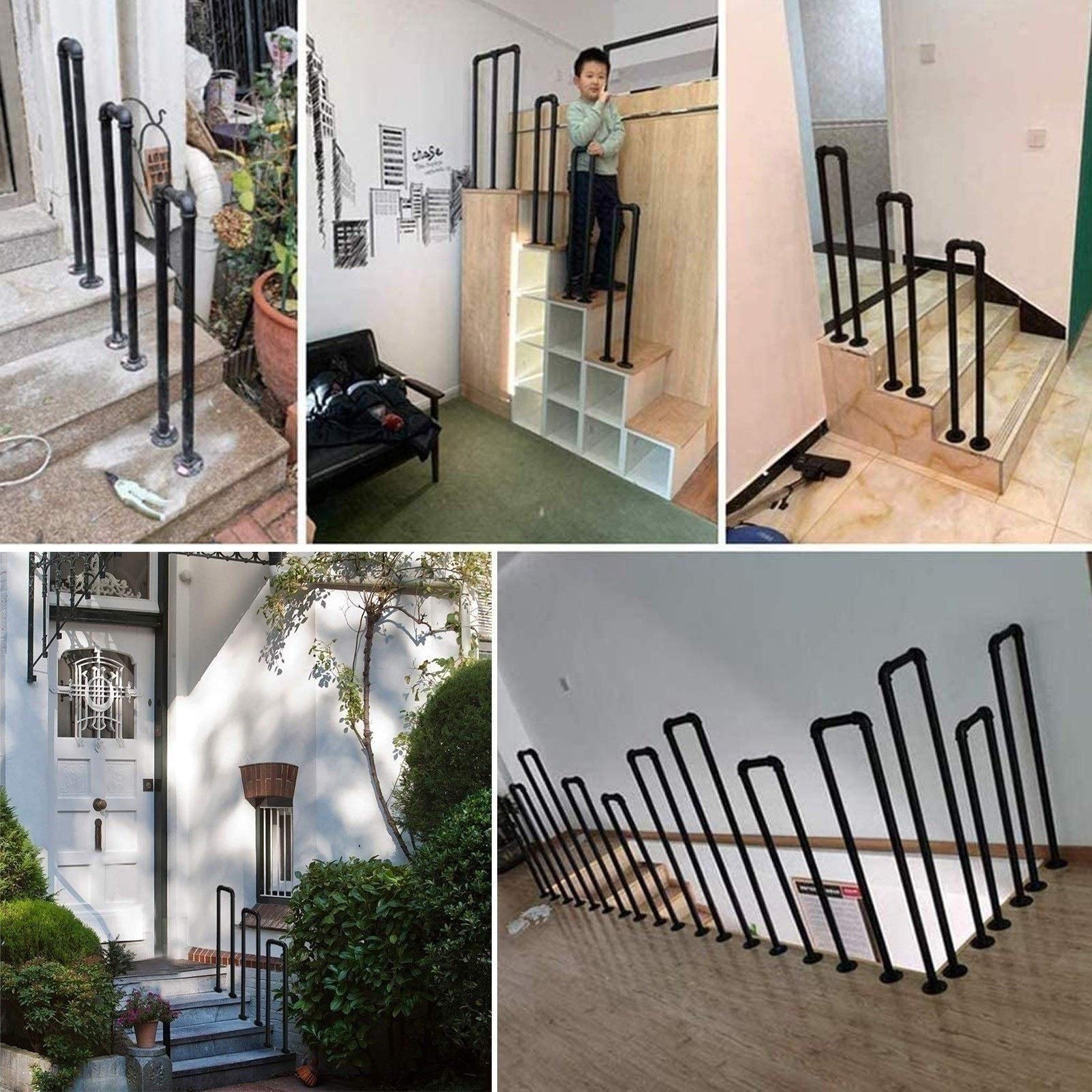 Black Wrought Iron Stair Handrail for Concrete & Wooden Steps - Indoor/Outdoor Safety Railing for Homes, Decks & Porches | Durable Metal Banister for Elderly & ADA Accessibility