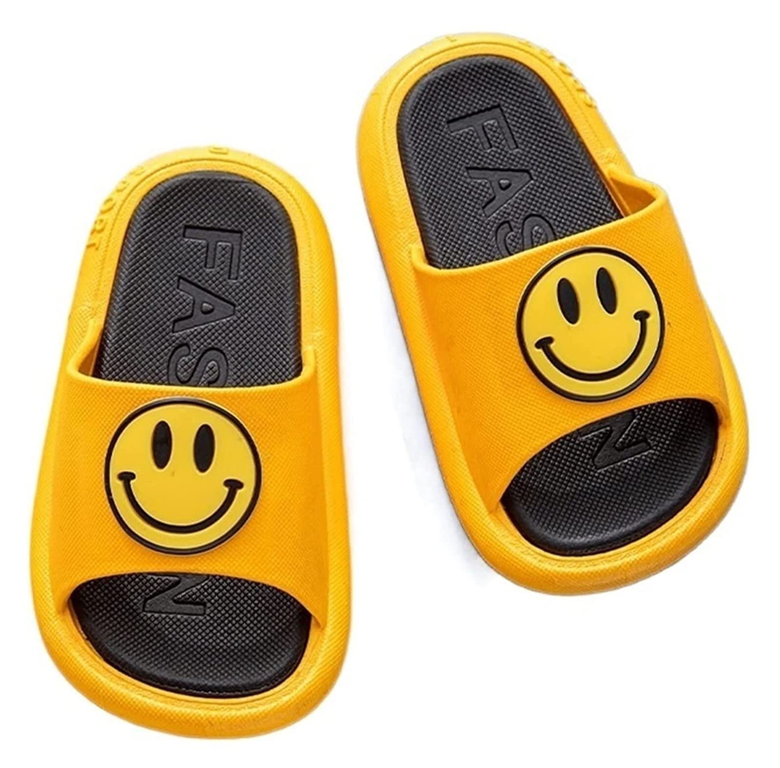 QINGJIA Smiley Face Slippers - Soft Cushioned House Slippers for Women, Men & Kids - Breathable Deodorant Material - Yellow Beach Sandals (Size 13.5 Little Kid) - Perfect for Indoor Comfort, Beach Wear & Relaxation