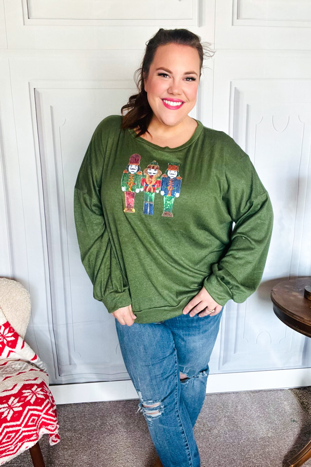 Festive Be Merry Forest Green Nutcracker Sequin Hacci Sweater Top for Christmas Party & Holiday Gatherings