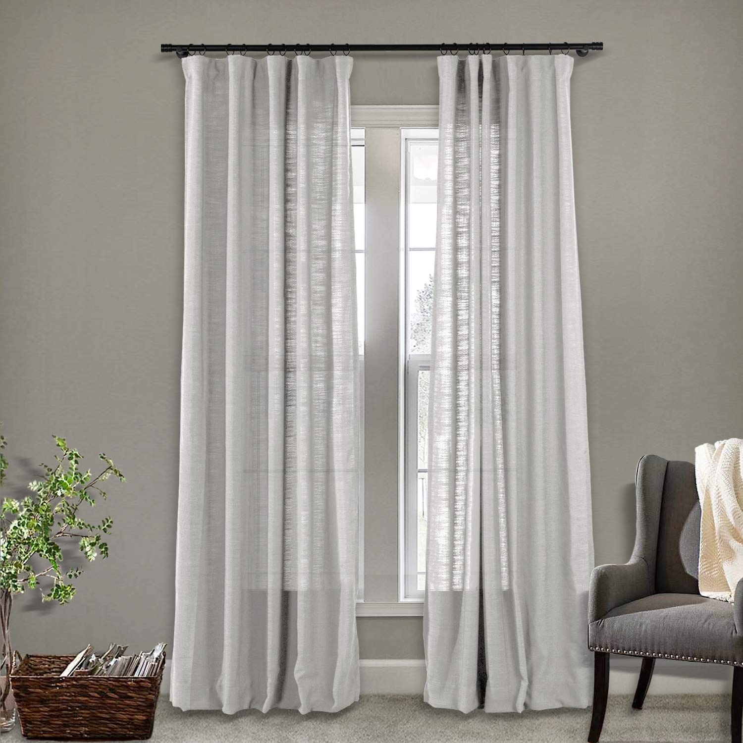 Frelement Linen Curtains - 4-in-1 Header Textured Energy Efficient Sun Blocking Drapes for Sliding Glass Doors & Kitchen Windows - Sand White (72