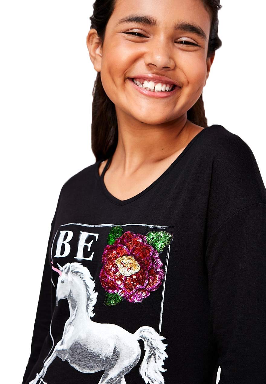 Justice Girl's Slit Neck Embellished Tee - Black Size 8 | Stylish Casual Wear for Everyday Outfits