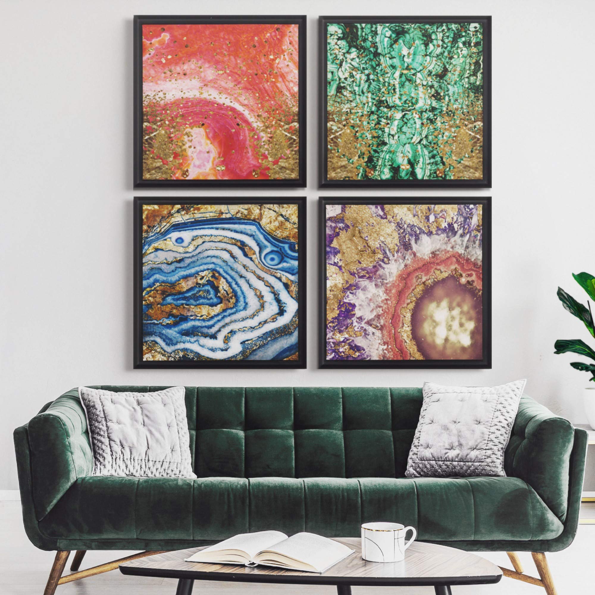 Abstract Framed Wall Art Canvas Print 'Bleu Agate' Crystal Design - 16x16 Inches Blue & Gold Home Decor - Perfect for Living Room, Bedroom or Office Wall Decoration