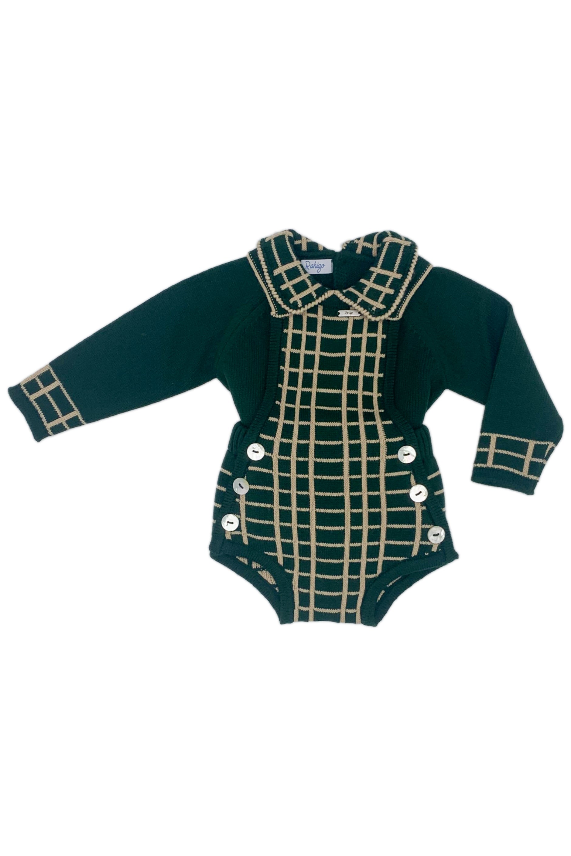 Vinnie Bottle Green & Camel Check Knit Dungaree Romper Set for Baby Girls | Soft Cotton Jumpsuit with Adjustable Straps | Perfect for Playdates, Photo Shoots & Everyday Wear