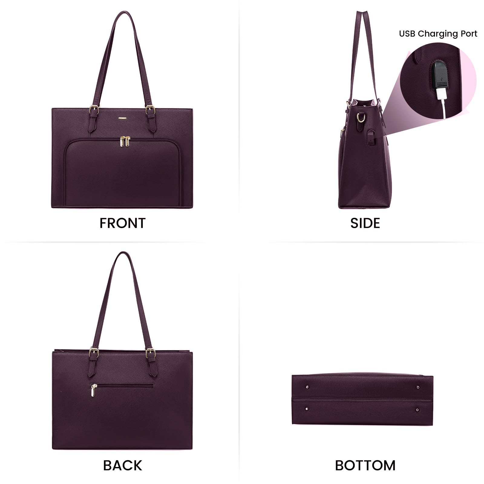 LOVEVOOK 15.6 Inch Waterproof Laptop Bag for Women - PU Leather Work Tote Briefcase with USB Charging Port, Professional Computer Shoulder Bag for Business, Travel, School & Office Use