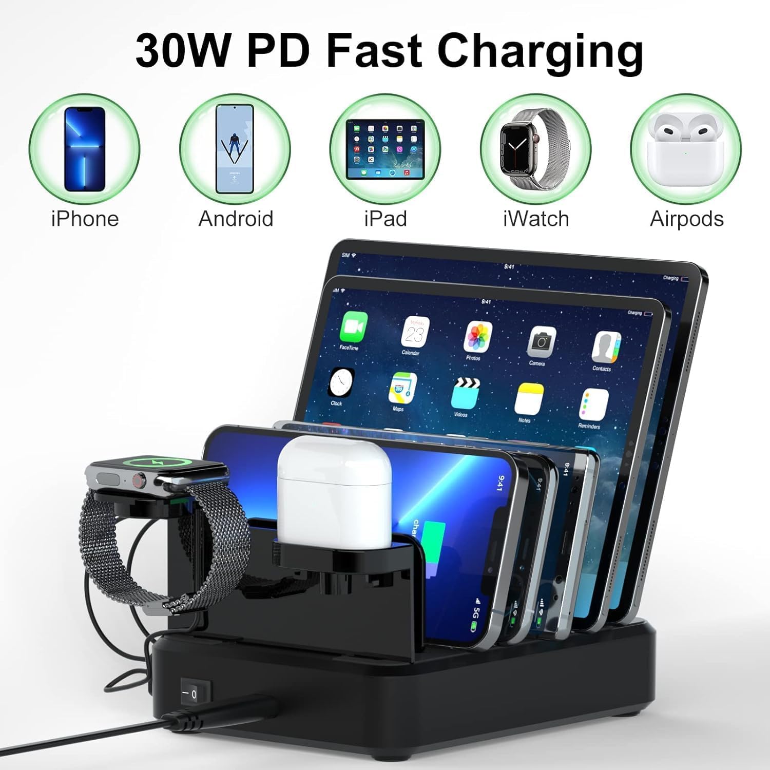 100W 6-Port USB Charging Station with 3 PD Fast Charge Ports - Multi-Device Charger for iPhone, iPad, Samsung Phones & Apple Watch (Watch Charger Sold Separately) | Perfect for Home, Office & Travel Use