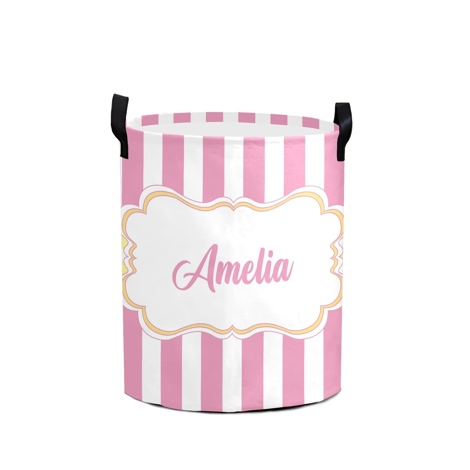 Waterproof Collapsible Striped Pink Laundry Basket with Handles - Personalized Clothes Hamper for Bathroom & Bedroom Storage (19.7