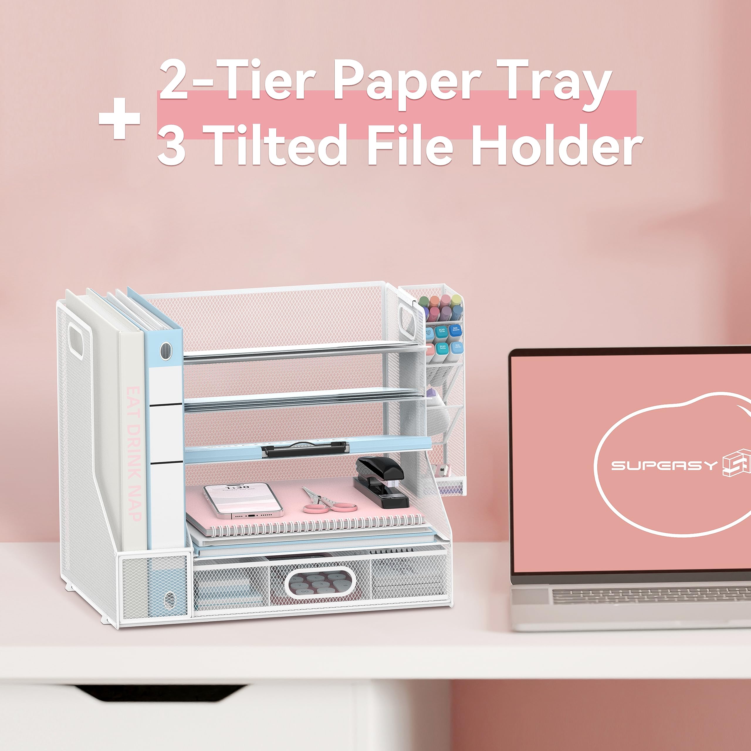 SUPEASY 5-Tier Mesh Desk Organizer with File Holder & 3 Tilted Sorters - White Office Paper Letter Tray for Documents, Mail, and Office Supplies | Perfect for Home Office, Workstation & School Desk Organization