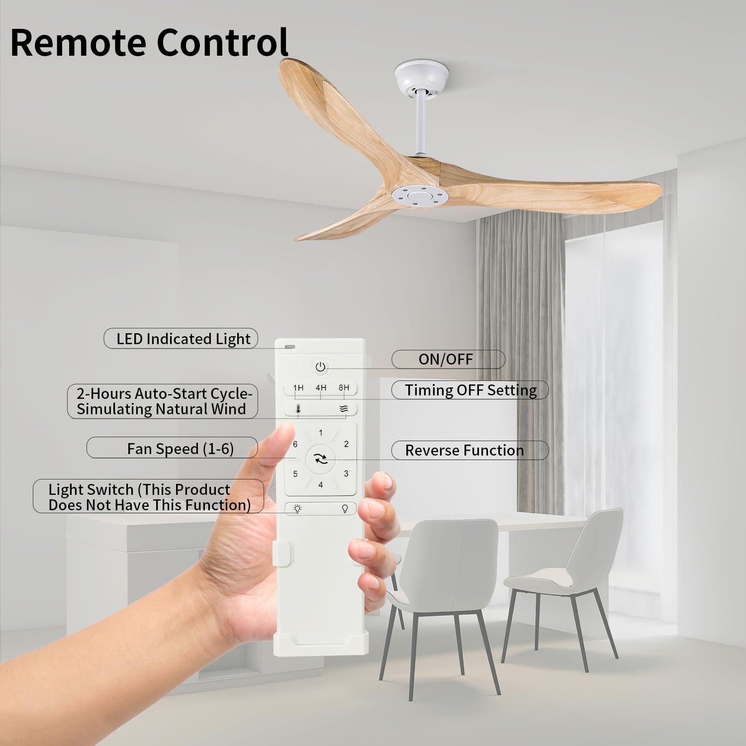 Bigzone 52 Inch Modern Ceiling Fan Without Light - DC Motor Energy Efficient Ceiling Fan - 3 Solid Wood Blades - Remote Control - Reversible Blades - Indoor/Outdoor Use for Patio, Bedroom, Living Room, Porch