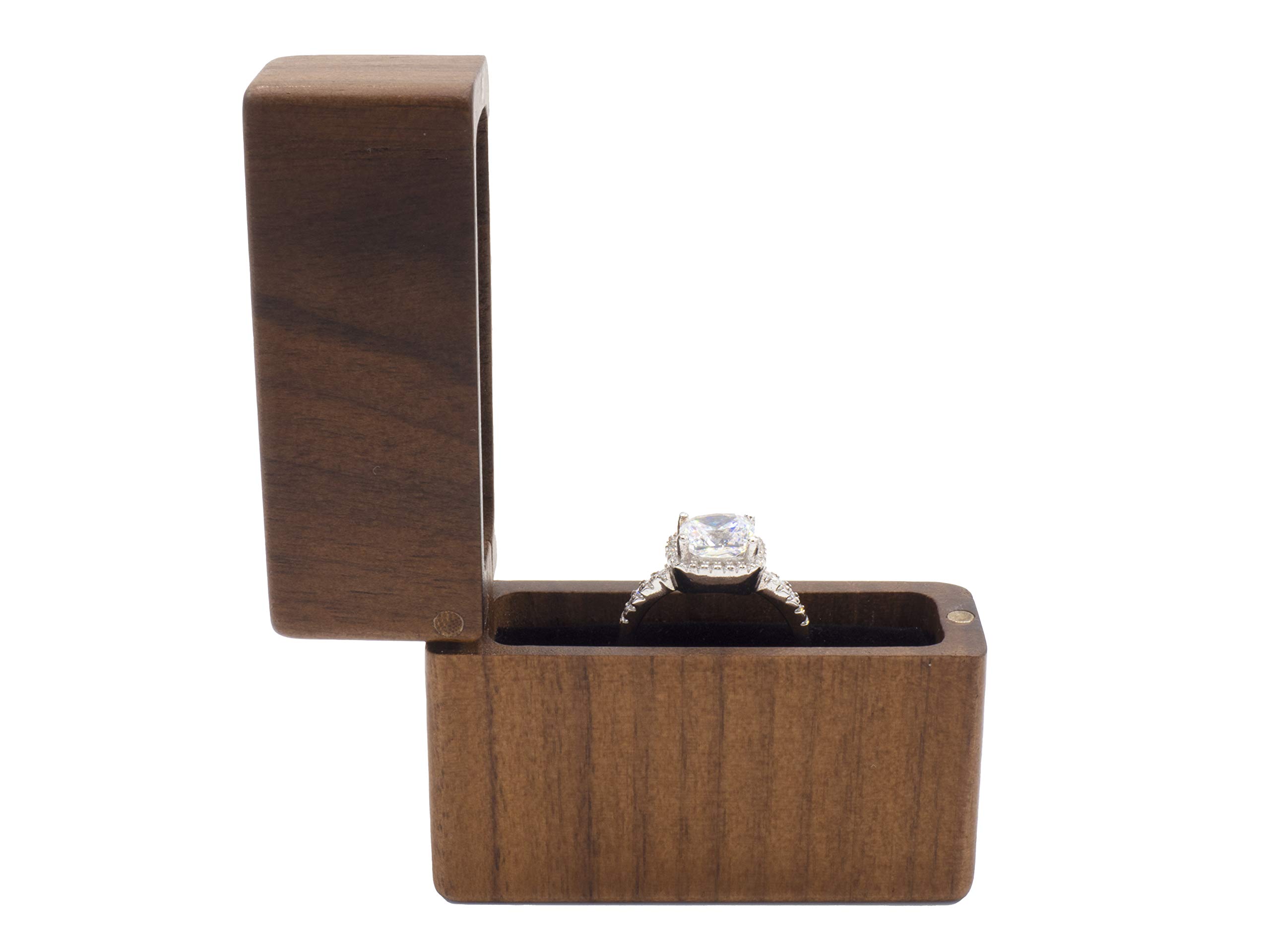 Handcrafted Black Walnut Wood Ring Box with Jewelry Cleaning Cloth - Elegant Proposal & Engagement Ring Holder - Small Slim Jewelry Gift Box for Wedding, Anniversary & Special Occasions