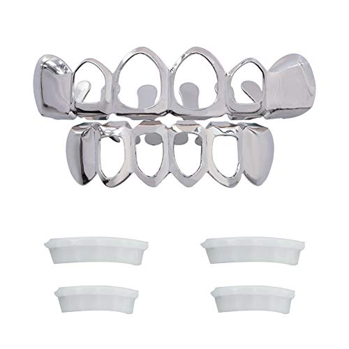 24K Gold Plated Open Face Grillz Teeth - Custom Fit Top & Bottom Grill Set for Kids with Extra Molding Bars & Microfiber Cloth | Hip Hop Jewelry, Costume Accessories, Halloween & Party Outfits