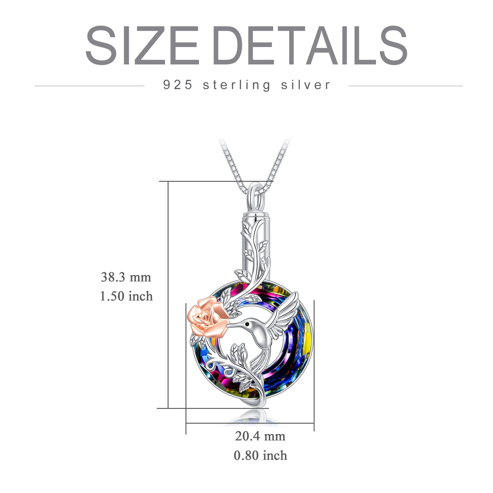 Sterling Silver Hummingbird Cremation Urn Necklace with Crystal - Memorial Jewelry for Ashes, Keepsake Pendant with Funnel Filler - Perfect Gift for Women & Girls to Honor Loved Ones (Funeral, Remembrance, Everyday Wear)
