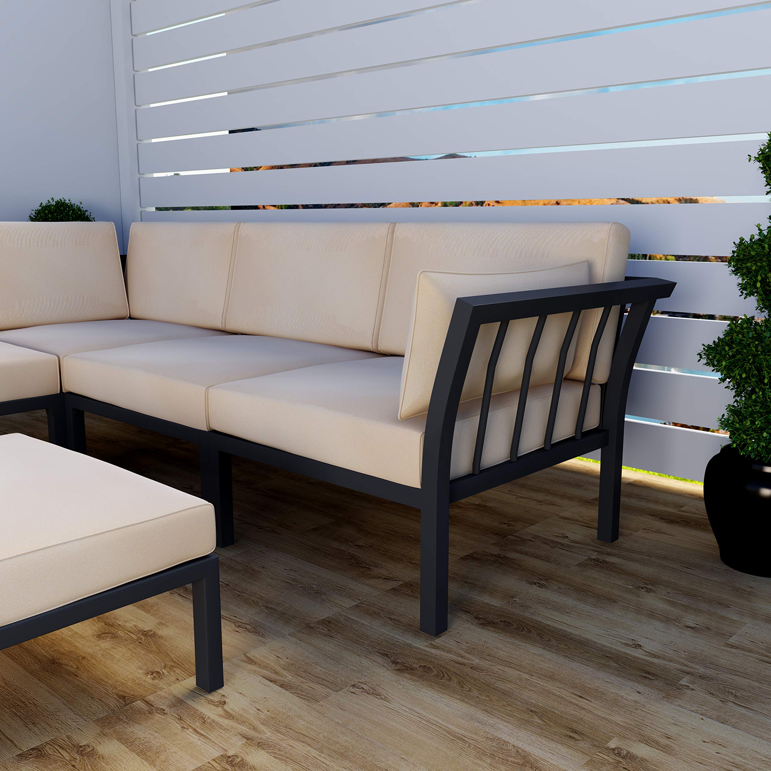 4-Piece Patio Sectional Sofa Set with Cushions - Outdoor Metal Conversation Furniture for Garden, Lawn, Poolside - Khaki Color - Perfect for Backyard Relaxation, Entertaining Guests & Summer Lounging